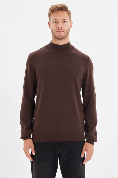 Trendyol Collection Кафяв тесен памучен пуловер с висока яка - Tmnaw22Kz1293
