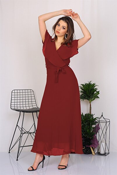 Neşeli Butik فستان شيفون طويل بياقة مزدوجة الصدر ومفصل للموسم الجديد للنساء K...