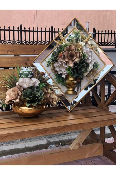 TASARIMHMODA Χρυσό επίπεδο βάζο με σύνθεση τεχνητών λουλουδιών Νο:3