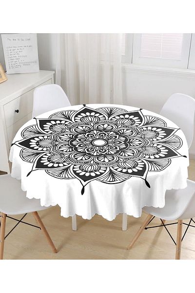 Realhomes Fata de masa rotunda cu model mandala floral pe fundal alb - diametru 140cm
