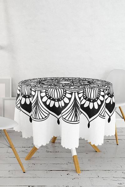 Realhomes Fata de masa rotunda cu model mandala floral pe fundal alb - diametru 140cm