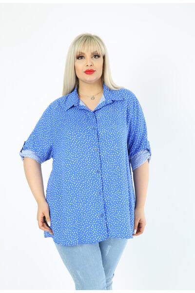 By Alba Collection Women's Cotton Viscose Polka Dot Plus Size Shirt Indigo