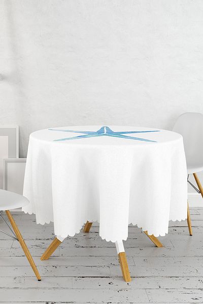 Realhomes Sea Horse Patterned White Round Tablecloth - Digital Printing, 140 x 140 cm
