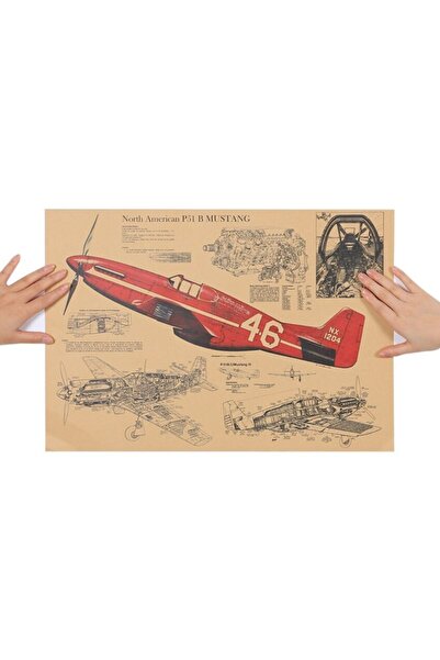 Caph Design P51 Mustang Savaş Uçağı Vintage Kraft Poster -33x48cm