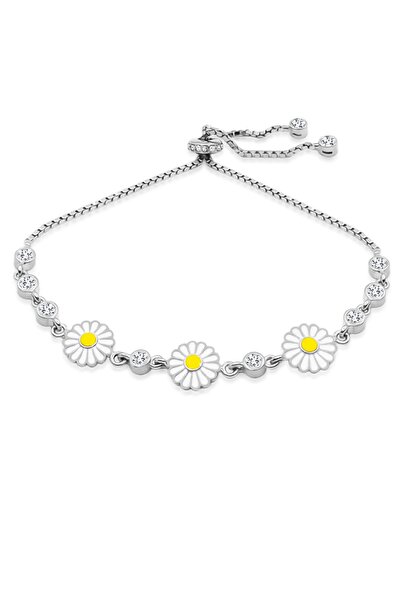 Aykat Papatya Modeli Asansörlü Gümüş Bileklik Zirkon Taşlı Kadın Künyesi Blk-242