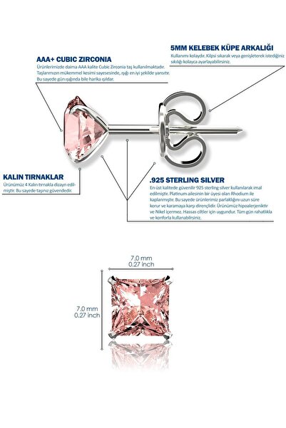 Jewelry For Light 925 Ayar Gümüş,7mm, Pink Kare Kesim (PRİNCESS CUT), Tektaş Zirkon Pimli Küpe