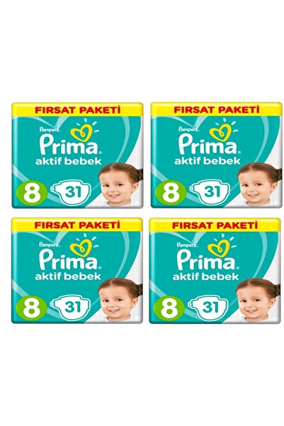 Prima Unisex Bebek Bezi Aktif Bebek 8 Beden 31 Adet Fırsat Paketi 4 Lü Paket 124 Adet