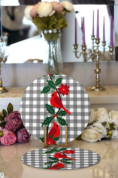 Realhomes 2-Piece Gray Plaid Floor & Red Bird Designed Digital Printed Decorative NestSupla & Placemat