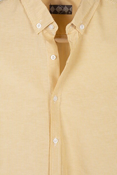 VEAVEN Erkek Sarı Kalın Dik Çizgili Uzun Kollu Yakası Düğmeli Slim Fit Gömlek