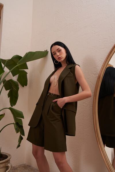 Eka Γυναικείο Χακί Ψηλόμεσο Υφασμάτινο Σορτς 0993-2115