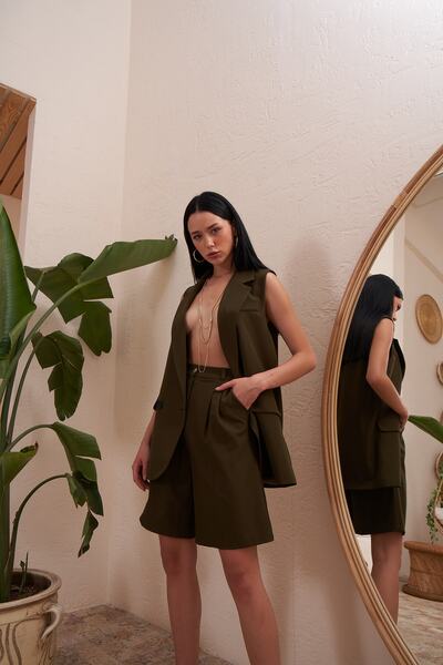 Eka Γυναικείο Χακί Ψηλόμεσο Υφασμάτινο Σορτς 0993-2115