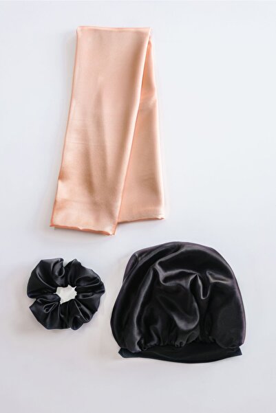 pistore Set de bonetă din satin negru, pernă portocalie și agrafă pentru păr ...