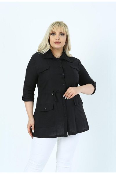 By Alba Collection Cămașă jachetă neagră din bumbac și in mărime mare - patru buzunare