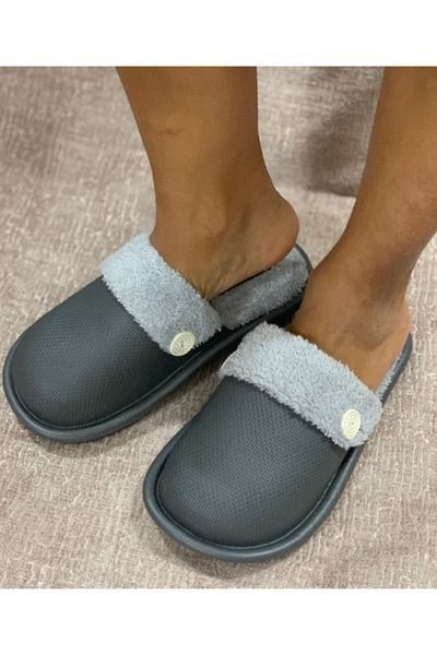 Akınal Bella Akınalbella Unisex Γκρι Γούνινο Κλειστό Σπίτι Παντόφλες με Γούνα Εσωτερικά 266