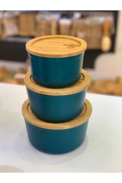 OMS PASLANMAZ Granite Storage Container Set with Bamboo Lid 12/14/16 cm Men Green