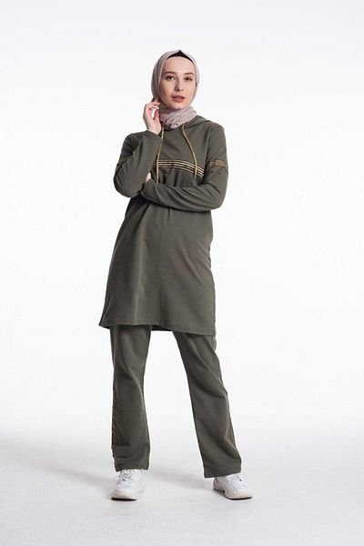 CNG MODA Women's Green Hooded Glitter Stripe Tracksuit Set