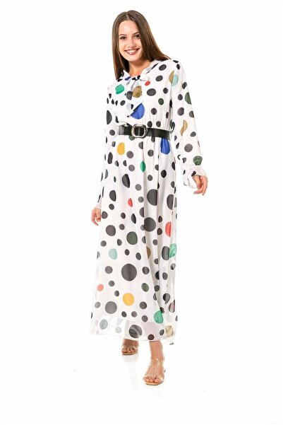 SİZ Kadın Puantiyeli Maxi Boy Kemerli Şifon Elbise