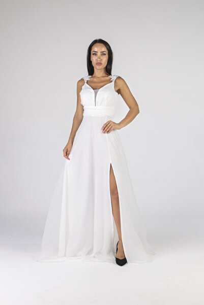ALİS DRESS Omuzları Aplikli Yırtmaçlı Ekru Abiye