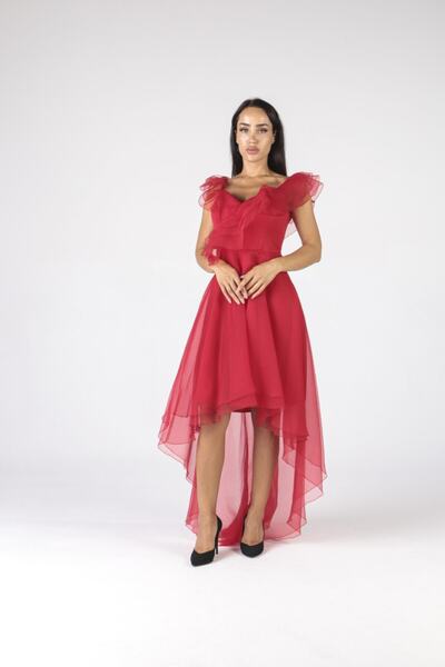 ALİS DRESS Yakası Fırfırlı Kırmızı Elbise