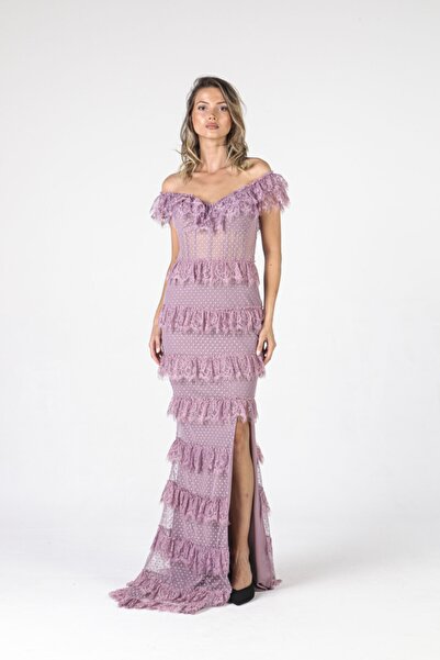 ALİS DRESS Eteği Kat Kat Beli Transparan Yırtmaçlı Lavanta Abiye