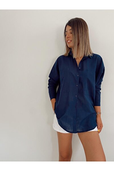 Genel Markalar Kadın Oversize Lacivert Keten Gömlek