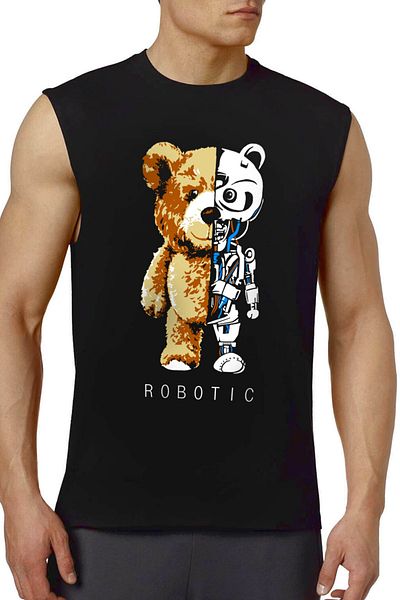 ROCKANDROLL Men's Black Robot Bear Cut Arm | Sleeveless T-shirt | Athlete