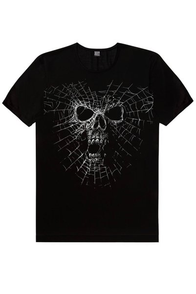 ROCKANDROLL Erkek Siyah Örümcek Kurukafa Kısa Kollu T-shirt