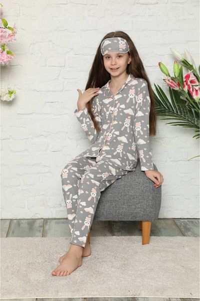pijama moda Girl's Gray Rabbit Patterned Long Sleeve Pajama SetEye Patch Included