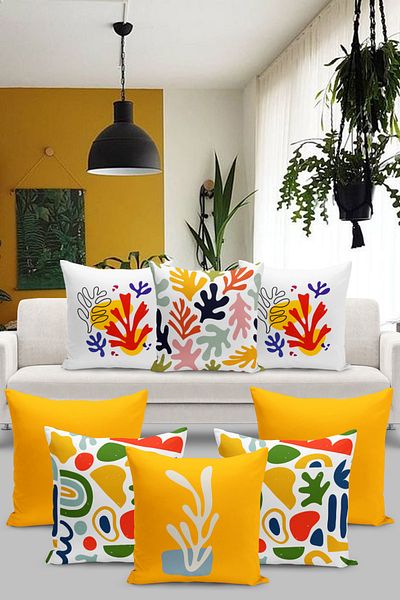 Filamente 8-Piece Throw Pillow Cover Set Minimalist Matisse Style Colorful Coral and Natural Shapes