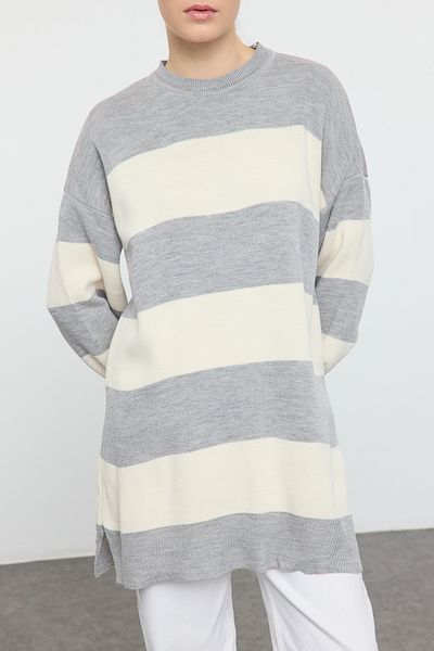 Edit by Trendyol Gray Stone Striped Basic Knitwear Sweater Tedaw25Ak00009
