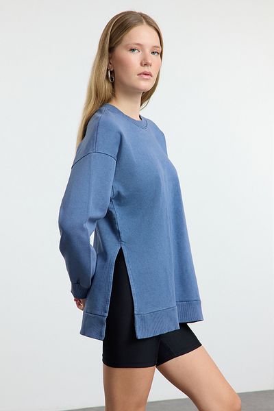 Trendyol Collection Indigo*001 - Трикотажен суитшърт от полар, широка кройка, може да се пере и детайлна цепка Twoaw23Sw00195