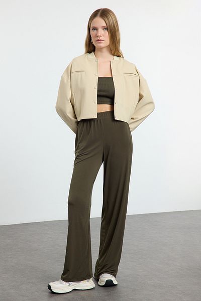 Trendyol Collection Khaki Wide Leg/Comfortable Cut High Waist Stretchy Trousers Twoss23Pl00129