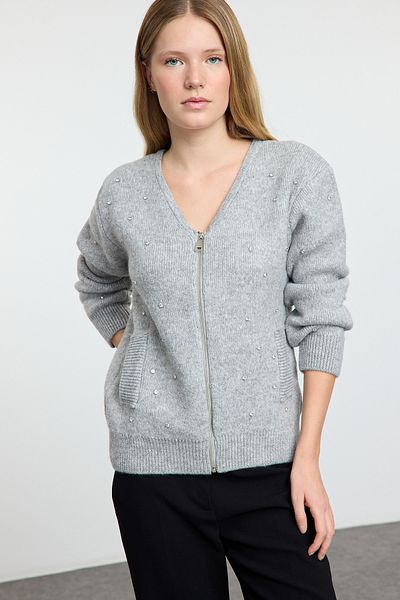 Trendyol Collection Gray Stone Embroidered Soft Knitwear Cardigan - Coat Look Twoaw25Hi00166