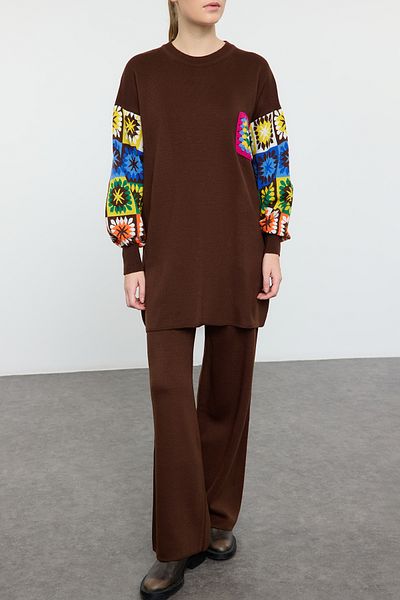 Edit by Trendyol Καφέ μανίκι Χρώμα Ethnic Print Πλεκτά Πουλόβερ Παντελόνι Κάτω Σετ TEDAW25US00020