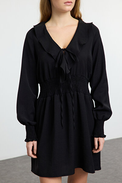 Edit by Trendyol Black Flounce Detailed Gimped Mini Woven Dress Tedaw25El00040