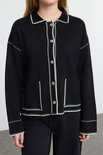 Trendyol Collection Black Color Blocked Polo Collar Knitwear Cardigan Twoaw25Hi00218