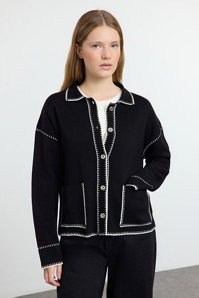 Trendyol Collection Black Color Blocked Polo Collar Knitwear Cardigan Twoaw25Hi00218