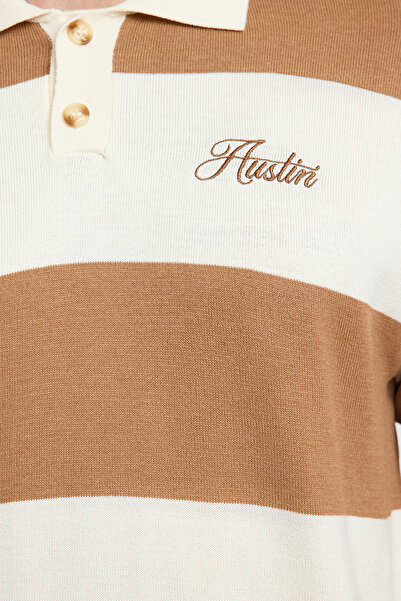 Trendyol Collection Πλεκτό πουλόβερ Polo Neck Camel - Color Block, κανονική εφαρμογή TMNAW25KZ00060