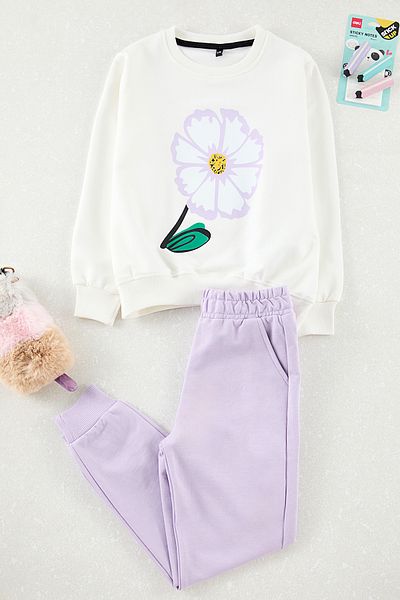 TRENDYOLKIDS Set de sus și de jos tricotat floral pentru fete ecru TKDAW25AU00161