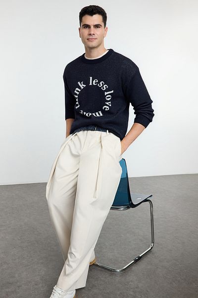 Trendyol Collection Πλεκτό πουλόβερ Navy Blue Oversize - Crew Neck, Slogan TMNAW25KZ00055