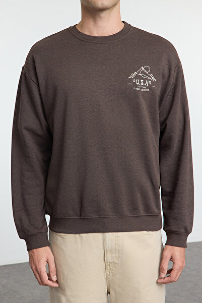 Trendyol Collection Oversize Καφέ Φούτερ - Εκτύπωση, Κέντημα και Fleece TMNAW25SW00153