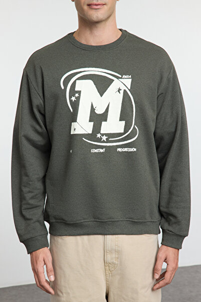 Trendyol Collection Φούτερ με φλις χακί υπερμεγέθη - ραγισμένο τύπωμα, TMNAW25SW00062