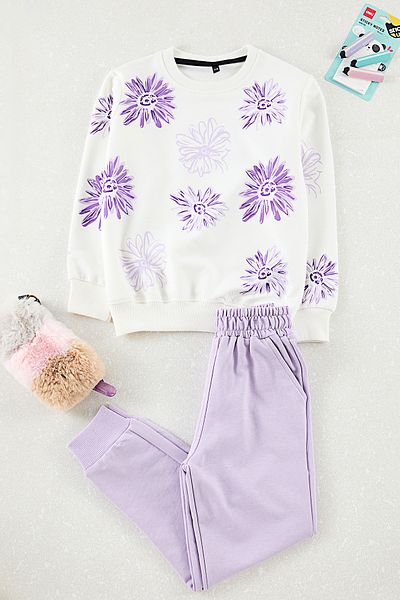 TRENDYOLKIDS Εκρού Γυναικείο Παιδικό Floral Πλεκτό Κάτω-Κορυφή Σετ TKDAW25AU00162