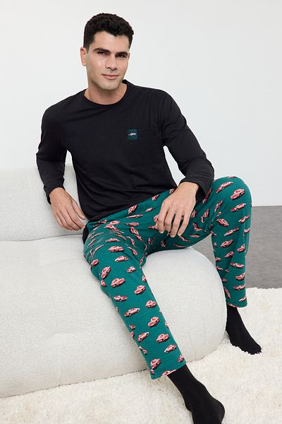 Trendyol Collection Черен стандартен комплект плетена пижама от 100% памук с принт за кола TMNAW25PT00011