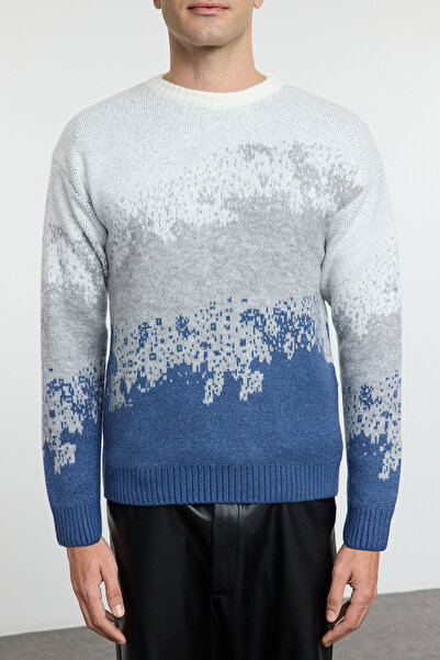 Trendyol Collection Indigo Unisex Crew Neck Scenery kötött pulóver - Normál szabású TMNAW25KZ00015