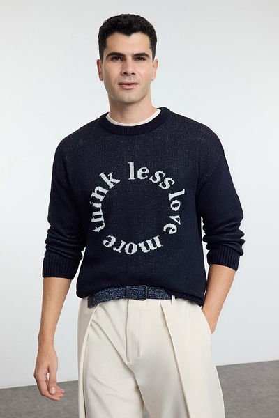 Trendyol Collection Πλεκτό πουλόβερ Navy Blue Oversize - Crew Neck, Slogan TMNAW25KZ00055