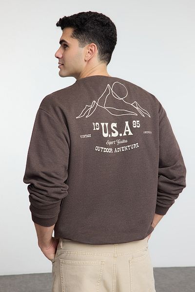Trendyol Collection Oversize Καφέ Φούτερ - Εκτύπωση, Κέντημα και Fleece TMNAW25SW00153