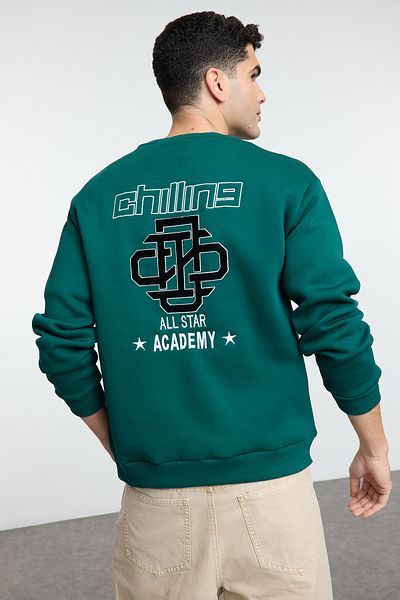 Trendyol Collection Smaragdově zelená oversize/široký střih mikina s výšivkou Inside Crew Neck Tmnaw25Sw00085