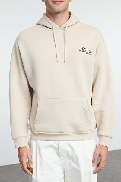 Trendyol Collection Fleecová vyšívaná oversize mikina s kapucí - Tmnaw25Sw00016