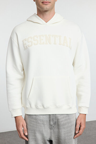 Trendyol Collection Екрю Оверсайз Широкий крій Вишиті написи Всередині фліс Теплий світшот з капюшоном TMNAW25SW00180